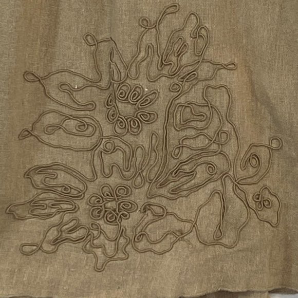 Lagenlook Tan Linen Dress Size M Embroidered Tiers Lightweight Blue Bird Boho - Picture 7 of 12